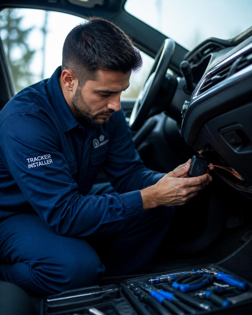 Técnico realizando instalação profissional de rastreador